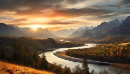 Fototapeten captivating landscape sunset painting the sky over the magnificent mountains casting a glow on the winding river amidst wild nature © Aedan