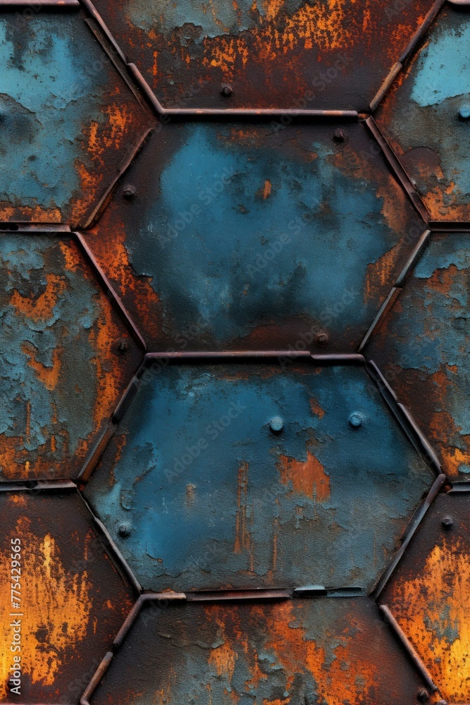 Sticker A rusty metal surface with a hexagon pattern on it. Generative AI.