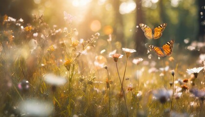 sunny summer nature background with flying butterflies and wild flowers on forest glade grass with sunlight and bokeh - obrazy, fototapety, plakaty