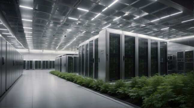 A large room with a lot of computers and plants. Generative AI.