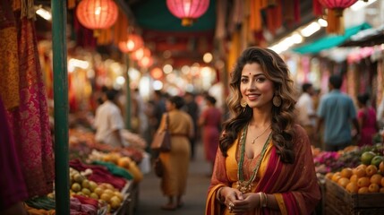 A woman in a red and gold sari standing next to fruit. Generative AI.