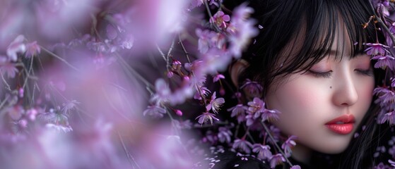   A close-up of a woman with her eyes shut and an array of blooms surrounding her - obrazy, fototapety, plakaty