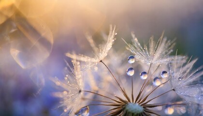 beautiful dew drops on a dandelion seed macro beautiful soft light blue and violet background water drops on a parachutes dandelion on a beautiful blue soft dreamy tender artistic image form