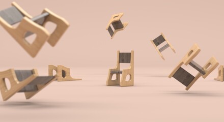 Wooden chair on a dark background, wooden chair with two tones of wood, lonely (3d illustration)