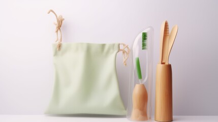 Ecological products for daily use: bamboo toothbrush, glass water bottle and reusable bags on a light background. Eco-friendly approach to shopping, minimalist design, 4k resolution., no text, no