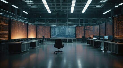 A large room with a chair and several monitors on the wall. Generative AI.