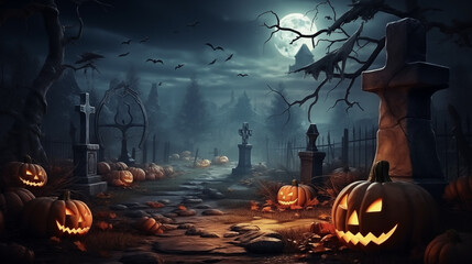 Mysterious Graveyard with Pumpkins and Full Moon on Halloween Night - obrazy, fototapety, plakaty