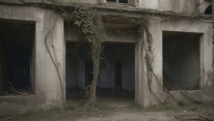 A building with vines growing out of the windows and door. Generative AI.