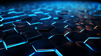 Futuristic Blue Neon Hexagon Technology Background - obrazy, fototapety, plakaty