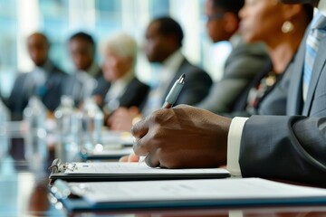 Whitecollar workers are sharing ideas at a desk in a conference room. The table is adorned with tableware and office supplies for the engineering event
