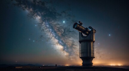 A telescope is shown in the sky with a milky way above it. Generative AI.