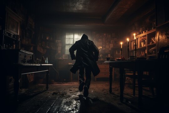 Shadowy silhouette of a mysterious figure in a long black coat running through a dimly lit chamber with shelves filled with ancient elixirs, surrounded by flickering candles and a sense of intrigue