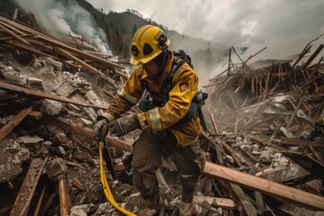 Heartwarming rescuers portrait, honoring bravery and compassion of those who dedicate their lives to saving others, capturing courage and selflessness of rescue workers in powerful visual narrative. - obrazy, fototapety, plakaty