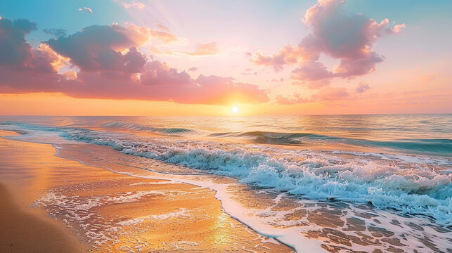 A serene beach with golden sands and gentle waves rolling ashore under a colorful sunset sky