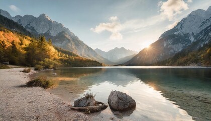awesome alpine highlands in sunny day amazing mountain lake in slovenia in sunny day famous jasna lake in julian alps wonderful nature landscape in autumn popular travel and hiking destination - obrazy, fototapety, plakaty