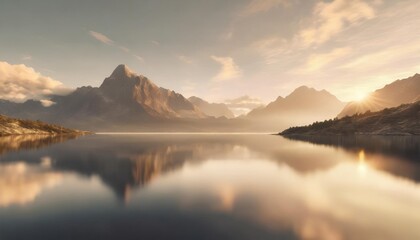 Fototapeta na wymiar 3d render fantasy landscape panorama with mountains reflecting in the water abstract background spiritual zen wallpaper with skyline generative ai