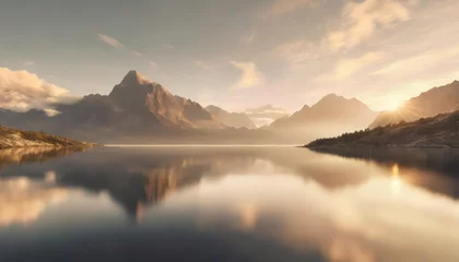 Wandcirkels tuinposter 3d render fantasy landscape panorama with mountains reflecting in the water abstract background spiritual zen wallpaper with skyline generative ai © Aedan