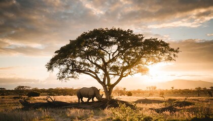 lonely rhino on tree - obrazy, fototapety, plakaty