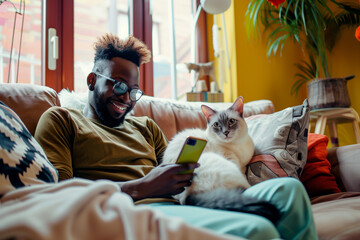 Happy Man with Cat Enjoying Smartphone at Home