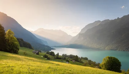 Fotobehang idyllic swiss nature landscape green meadows surrounded by alps mountains scenic lake brienz iseltwald village © Aedan