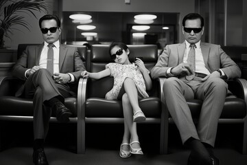 Fototapeta na wymiar Serious little girl in stylish dress and trendy sunglasses sits calmly between two serious men in classy suits and fashionable sunglasses in a vintage-inspired waiting room.