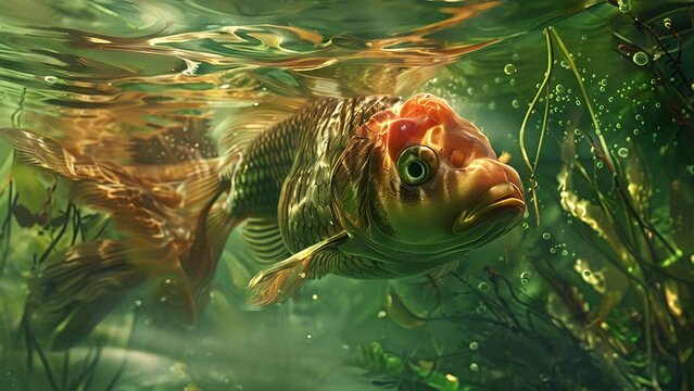Huge goldfish just below the waters surface bathed in light in slow motion