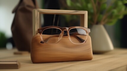 A close-up of stylish designer eyeglasses elegantly presented on a wooden stand, emphasizing craftsmanship and fashion