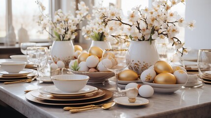 Fototapeta na wymiar Elegant Easter table setting with gold accents and floral arrangements