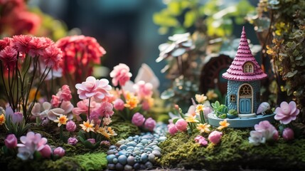 Fototapeta na wymiar Enchanting Easter garden with hidden egg surprises among the flowers