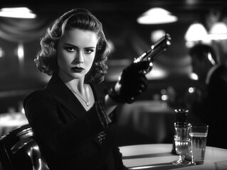 Vintage Film Noir Still Frame of a Femme Fatale with a Gun