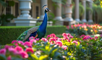 A peacock is standing in front of a building with pink flowers. Generative AI. © sergio