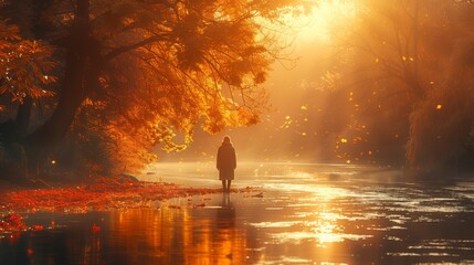 Person in river at sunset, surrounded by water and gorgeous natural landscape