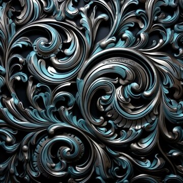 A decorative metal wall with blue and silver swirls. Generative AI.