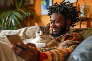 Happy Black Man with Cat Enjoying Smartphone at Home