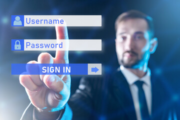 Login fields near man. Guy enters username and password. Businessman undergoes authentication....