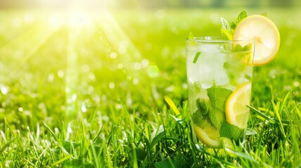 Classic Mojito with mint and lemon on a background of a bright green lawn under the summer sun, no text, no inscriptions, no advertising --ar 16:9 --quality 0.5 --stylize 0 Job ID: 7913a53a-1a99-49f5 - obrazy, fototapety, plakaty