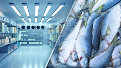 Frozen fish. Refrigerated warehouse. Industrial freezer. Refrigerated warehouse with fish. Freezer chamber with boxes on shelves. Supermarket cold storage. Refrigerated warehouse without anyone - obrazy, fototapety, plakaty