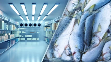 Poster Frozen fish. Refrigerated warehouse. Industrial freezer. Refrigerated warehouse with fish. Freezer chamber with boxes on shelves. Supermarket cold storage. Refrigerated warehouse without anyone © Grispb