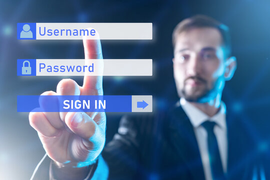 Login fields near man. Guy enters username and password. Businessman undergoes authentication. Blurred manager identifies person. Filling out login and password for registration. Access control