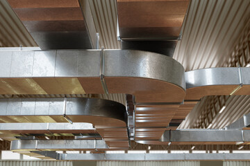 Ventilation ducts under ceiling. Air purification system. Square ventilation duct. Engineering...