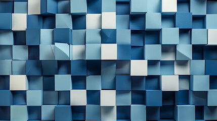 a 3D pattern of interlocking squares in various shades of blue and white.