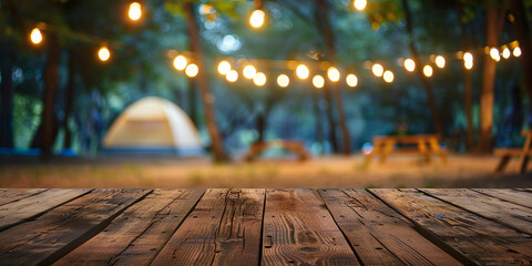 Rustic wooden table with blurred camp background - obrazy, fototapety, plakaty