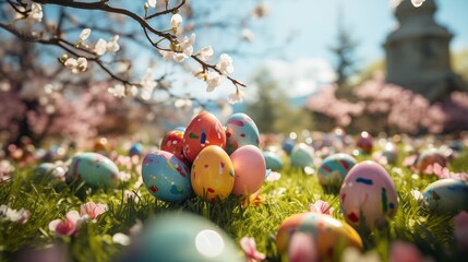 Joyful Easter egg hunt in a colorful urban park