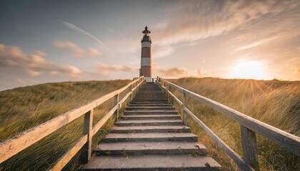 stairs towards the lighthouse of the frisian island of vlieland the frisian islands also known as the wadden islands or wadden sea islands form an archipelago at the eastern edge of the north sea - obrazy, fototapety, plakaty