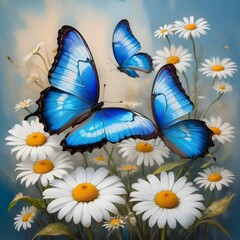 Oil paint was used to create vibrant blue tropical morpho butterflies on delicate daisy blossoms.