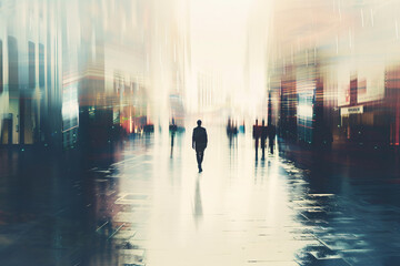 City Morning Stroll: Skyline Reflection, person walk