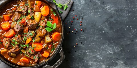 A large pot of stew with meat and vegetables, including carrots and celery. The stew is served in a black pot and is garnished with parsley