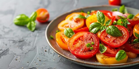A plate of tomatoes and basil is on a table