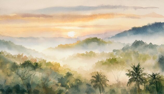 watercolour painting of the jungle landscape a picturesque natural environment in soft harmonious colours