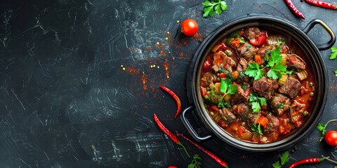 A bowl of meat and vegetables with a black background. The bowl is full of meat and vegetables, and there are some peppers and tomatoes on the side